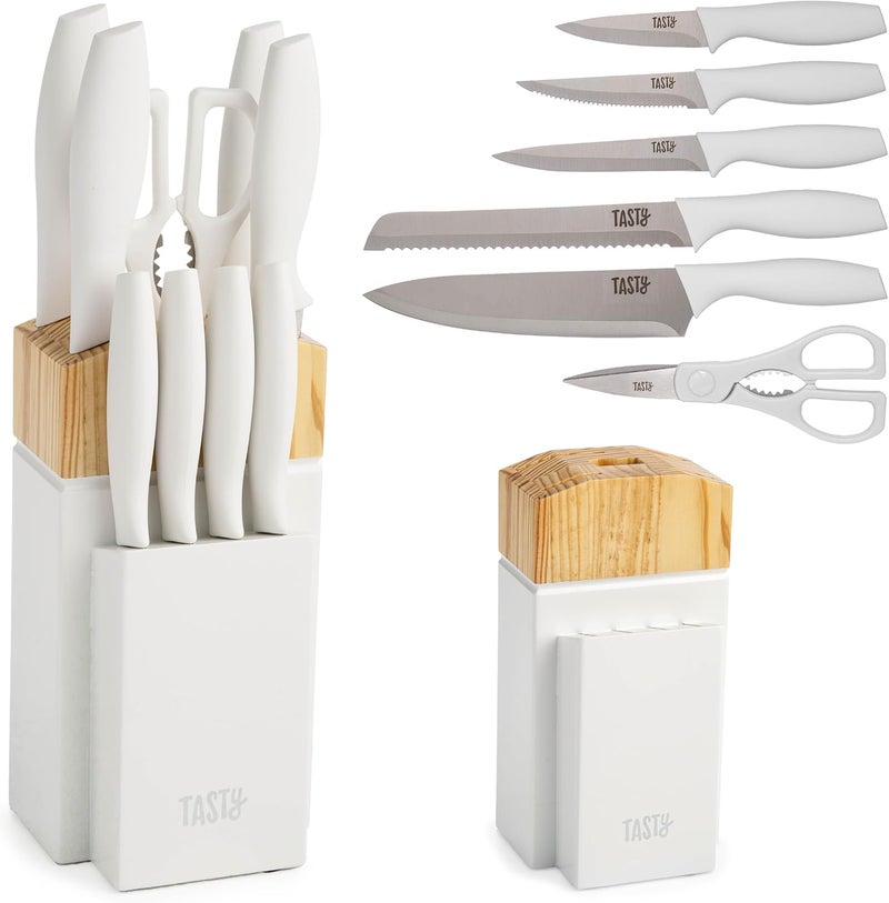 Tasty Kitchen Knife Set with Block, Cutlery Set includes Chef, Bread, Utility, Paring, Steak Knives & Shears, 10-Piece, White - Image 1